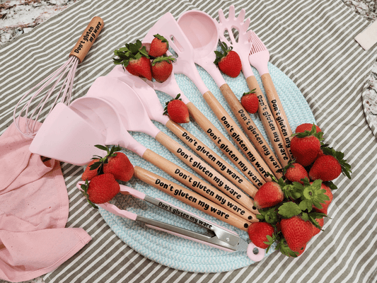 Lovely Perfect Gift | Kitchenware | 11pc Silicone tips Wood Handles | Cooking Kit | Baking set | Gluten Free Gifts | Pink