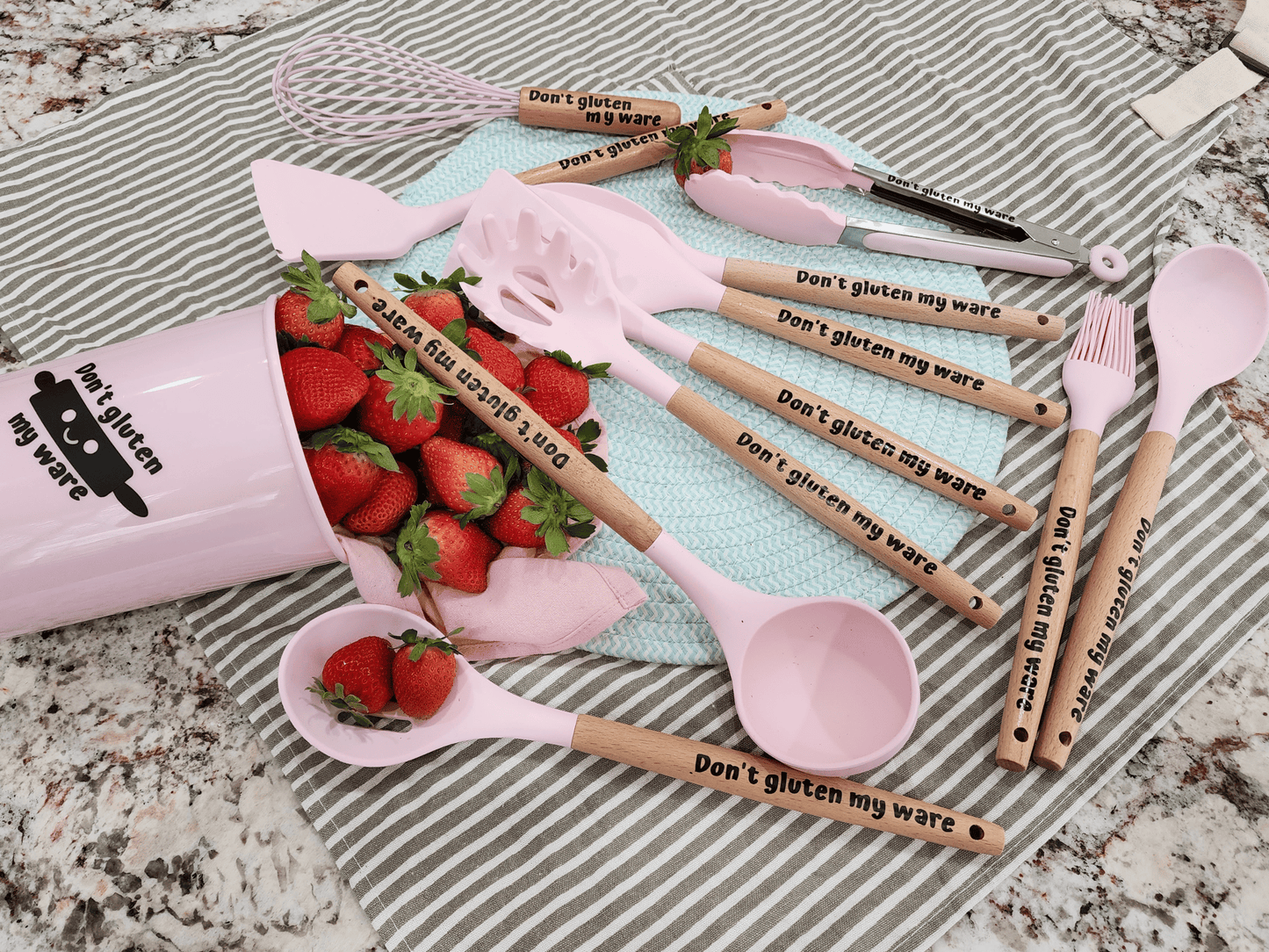Lovely Perfect Gift | Kitchenware | 11pc Silicone tips Wood Handles | Cooking Kit | Baking set | Gluten Free Gifts | Pink